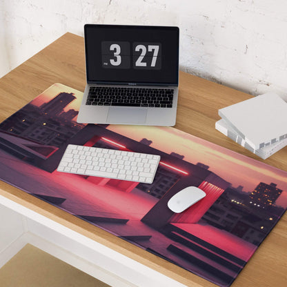Vibrant urban neon sunset cityscape gaming mouse pad with non-slip base