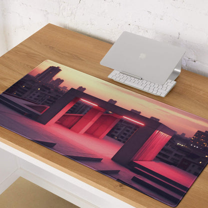 Urban Neon Sunset large gaming mouse pad with cityscape, non-slip base, stitching
