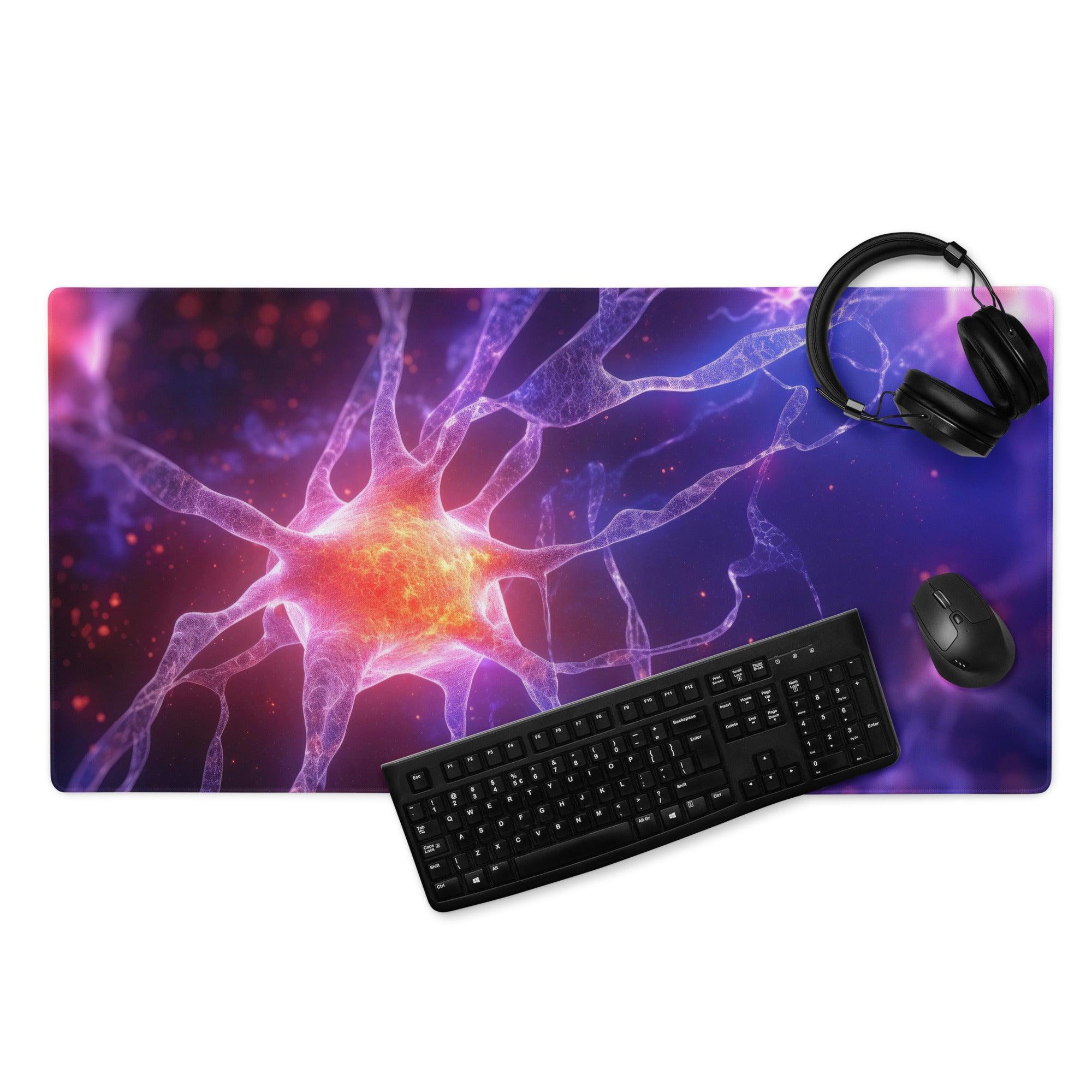 Vibrant purple pink neural network gaming mousepad with neon glow, non-slip backing