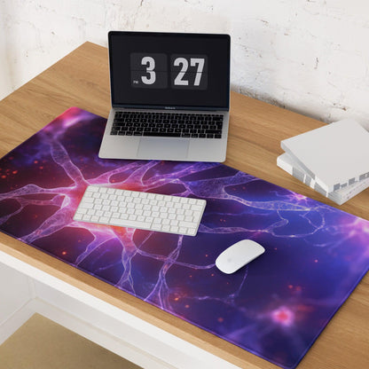 Epic neon purple neural network gaming mouse pad with cosmic nebula design