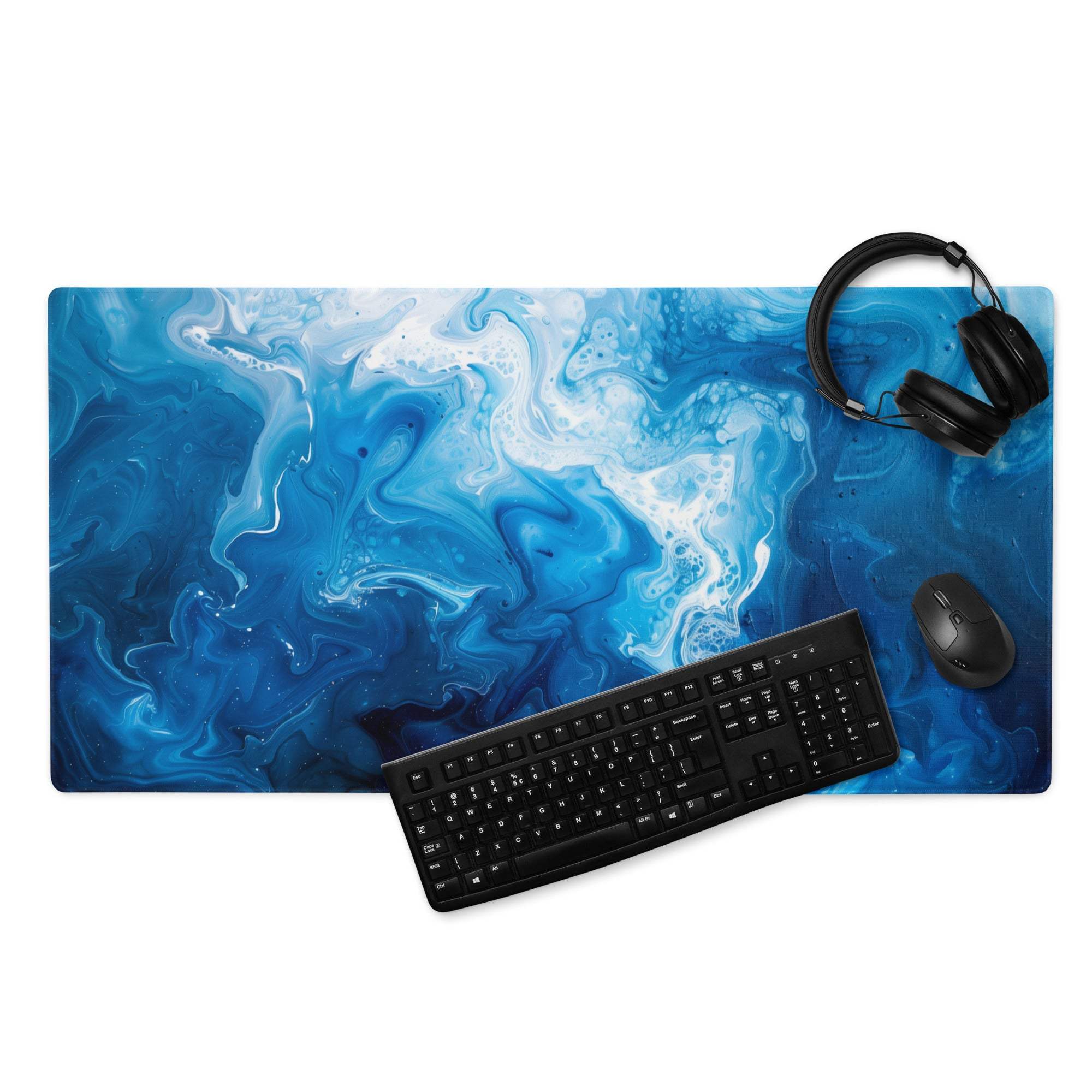 Blue and white marbled gaming mousepad with glossy finish and stitched edges