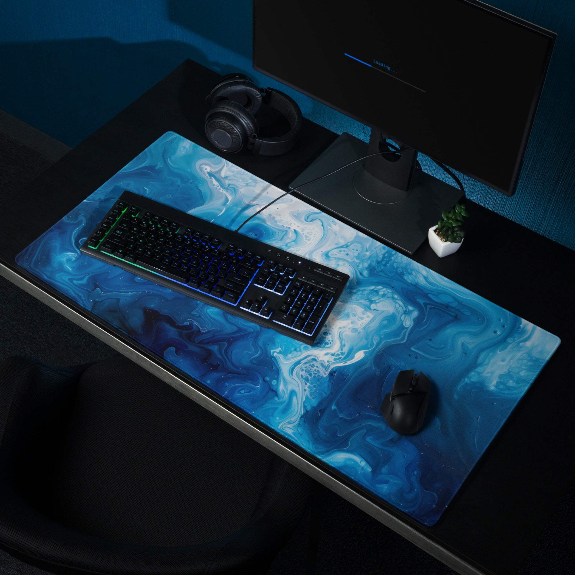 Blue and white marbled gaming mousepad with glossy finish and stitched edges