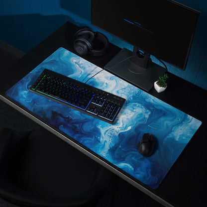 Blue and white marbled gaming mousepad with glossy finish and stitched edges