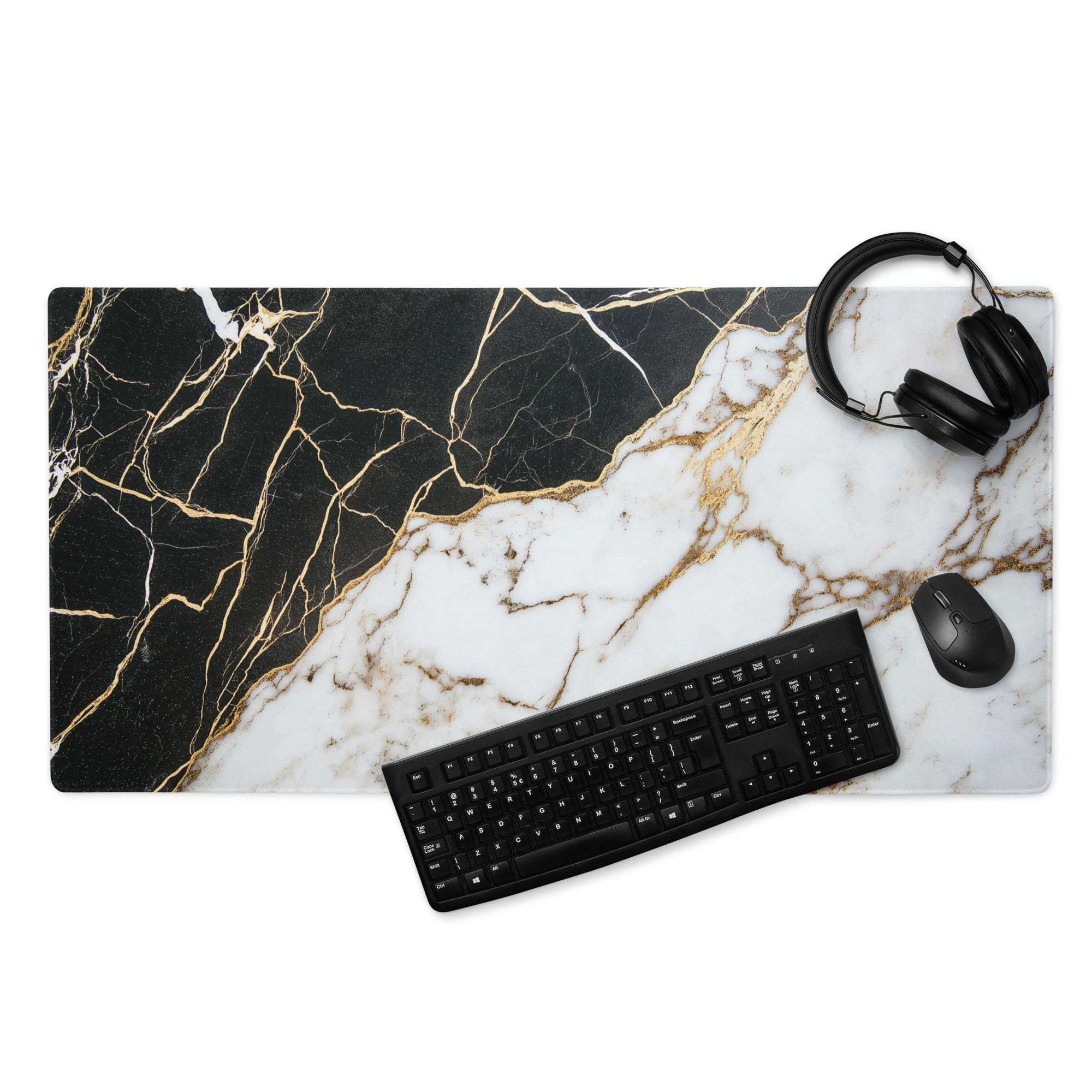 Lux black and white marble gaming mouse pad with gold veins