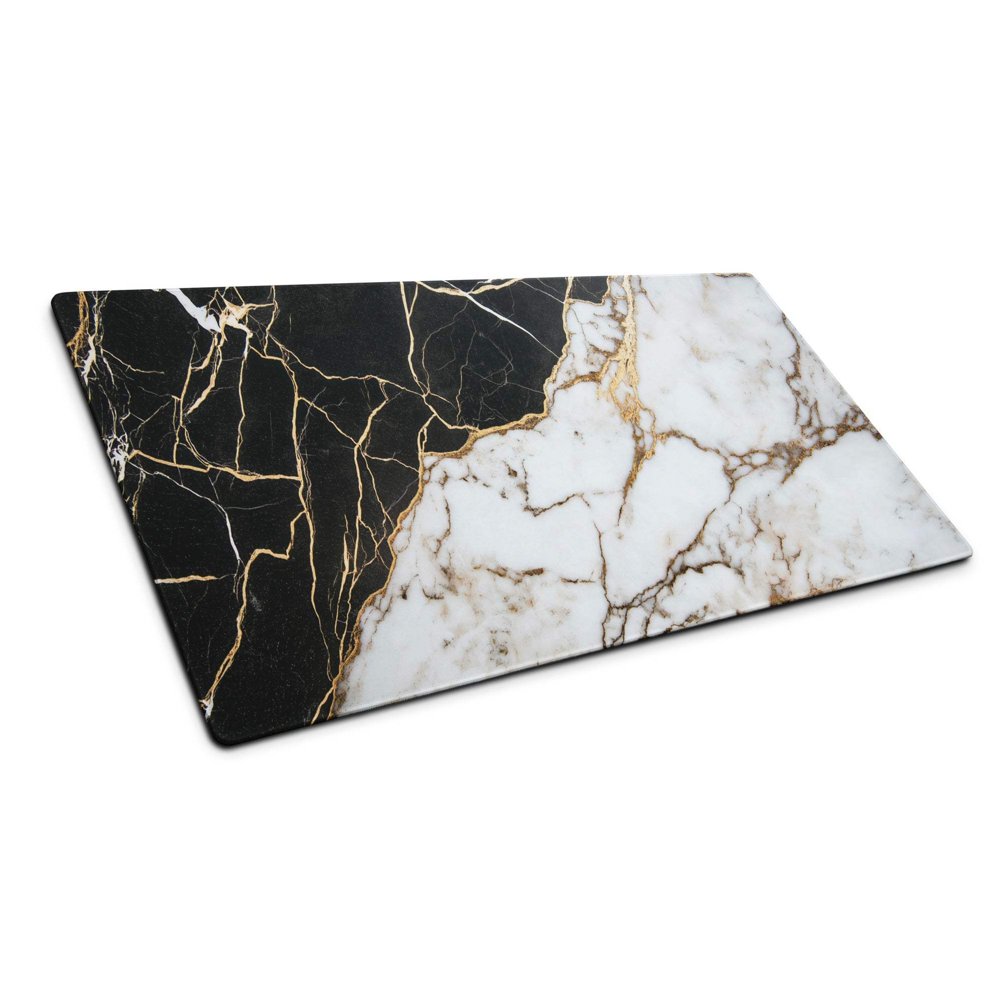 Lux black and white marble gaming mouse pad with gold veins and non-slip base