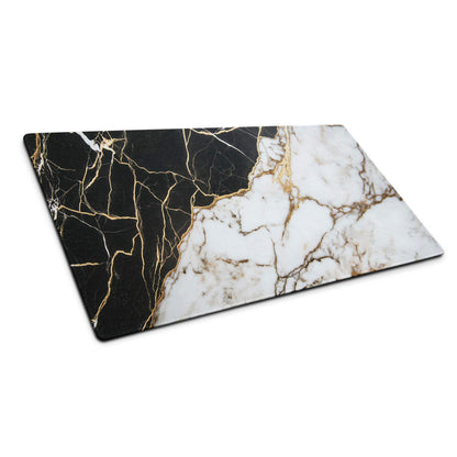 Lux black and white marble gaming mouse pad with gold veins and non-slip base