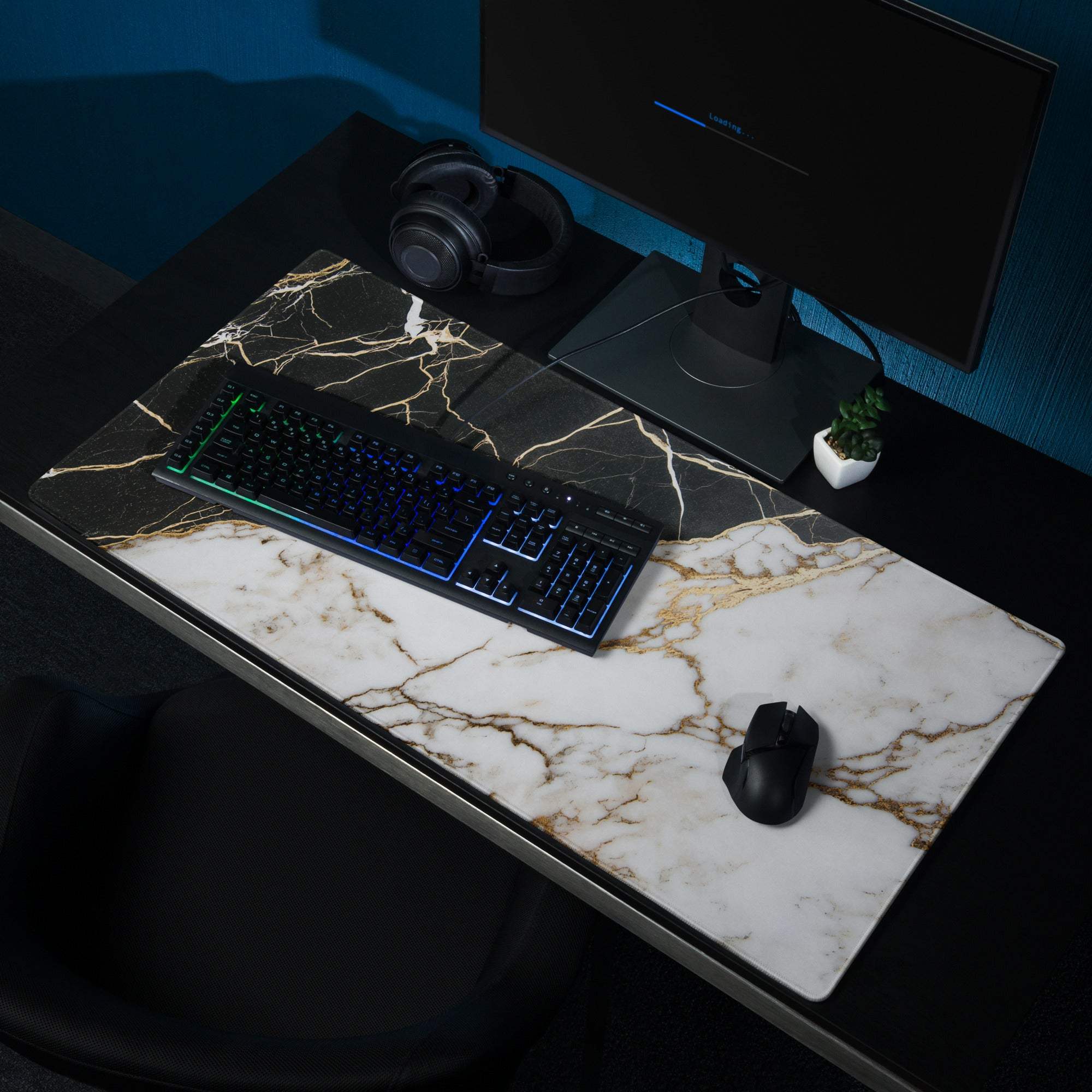 Lux black and white marble gaming mouse pad with gold veins