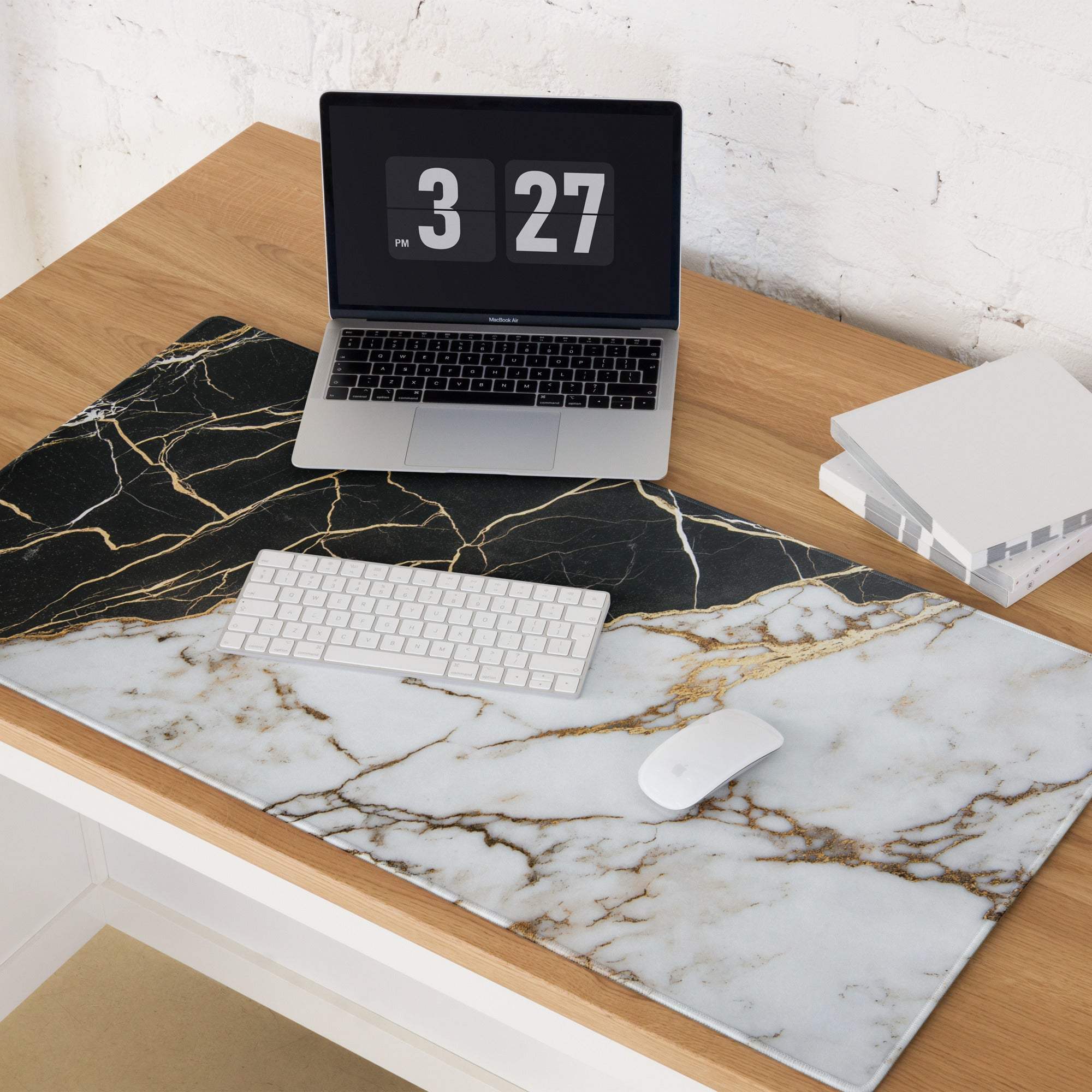 Lux black and white marble gaming mouse pad with gold veins