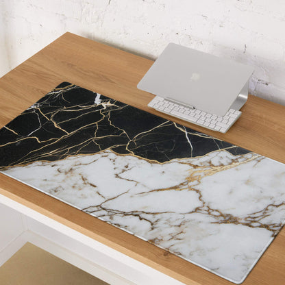 Lux black and white marble gaming mouse pad with gold veins and non-slip base