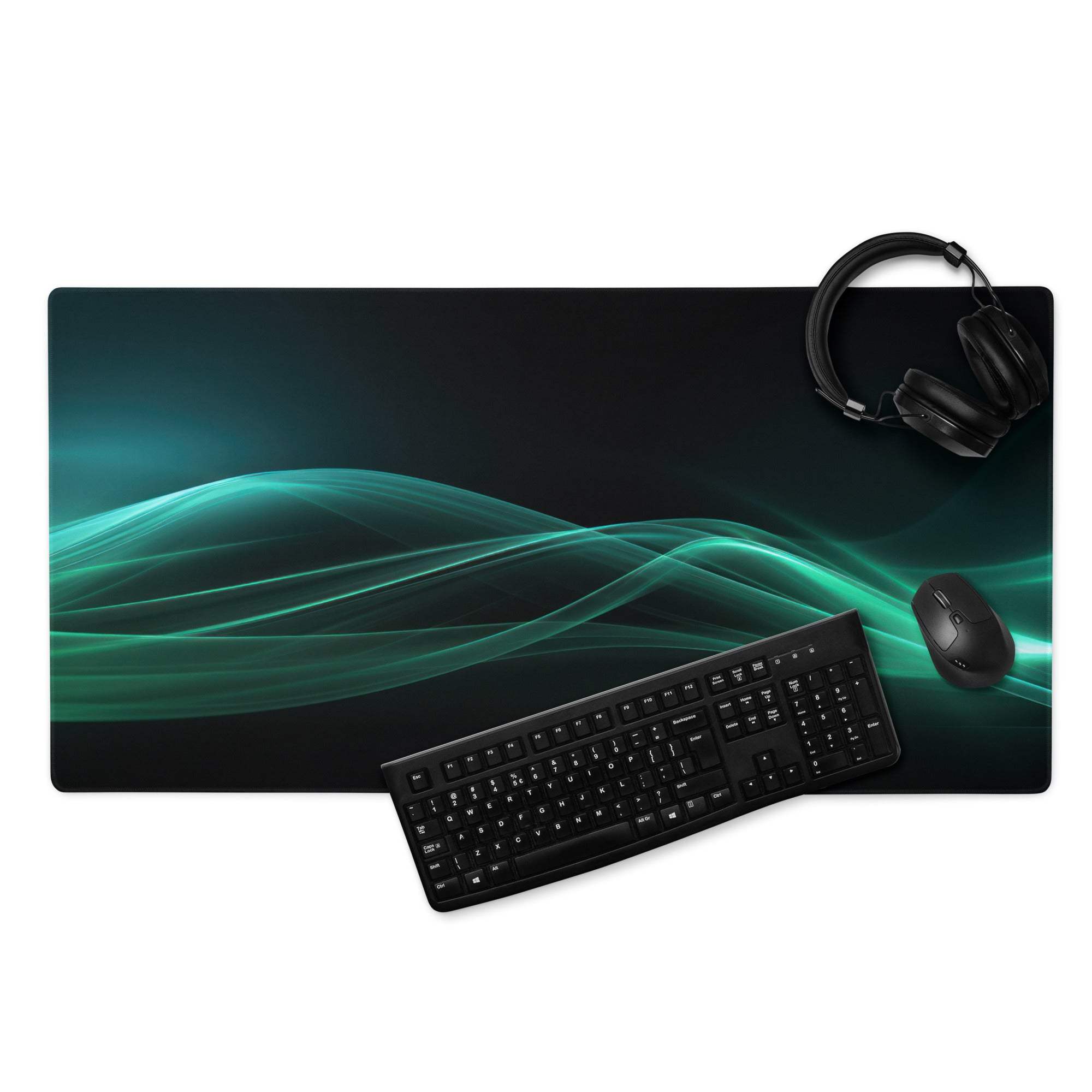 Black gaming mousepad with teal glowing wave design, non-slip edge stitching