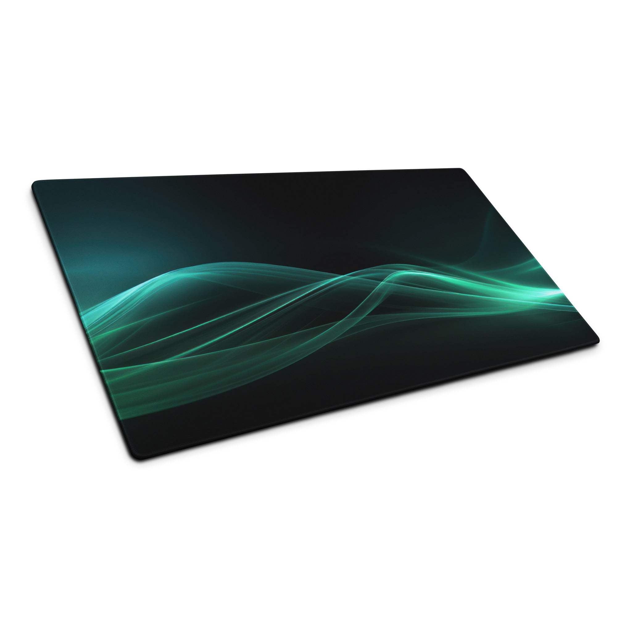 Sleek teal wave gaming mouse pad on black with non-slip edge stitching