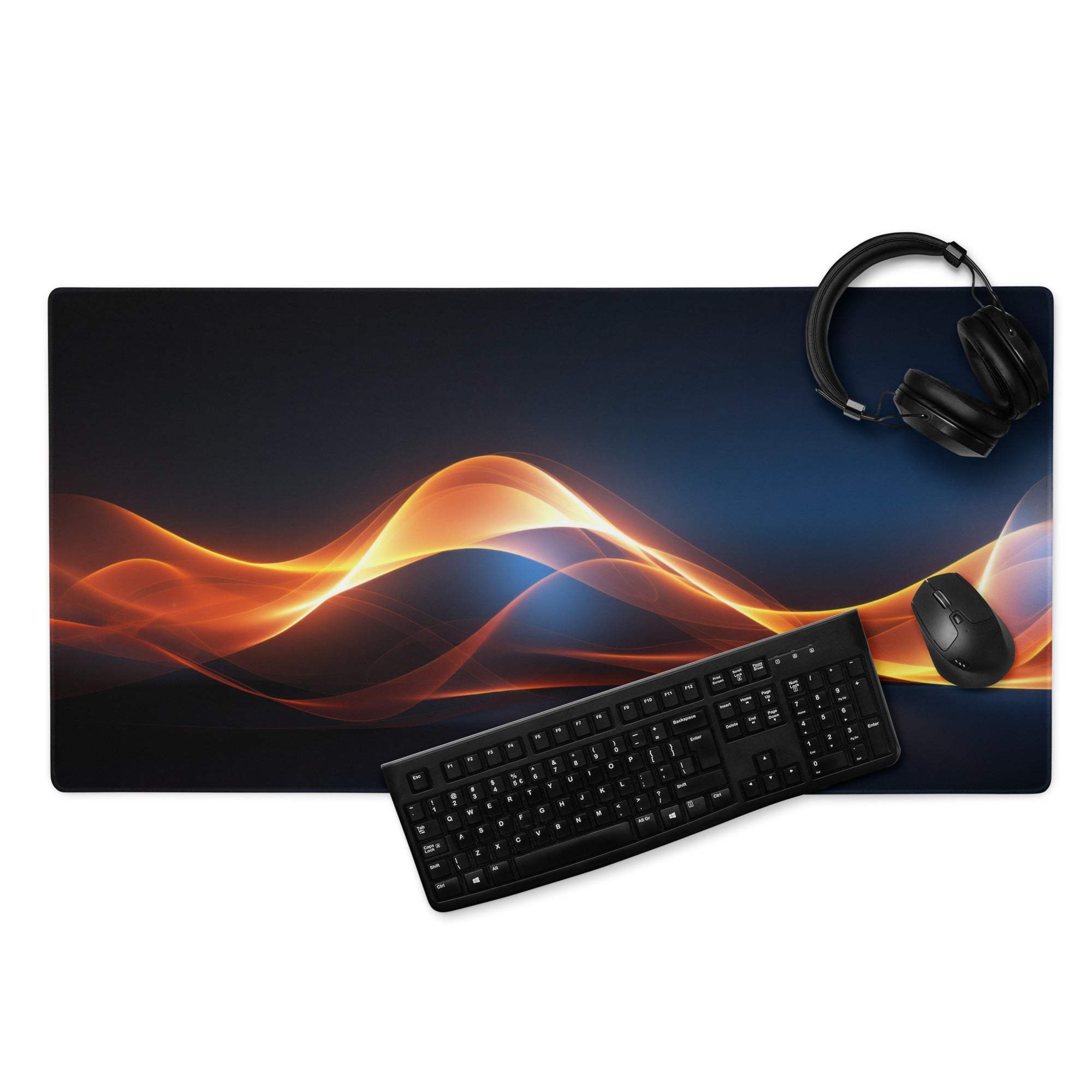 Black gaming mousepad with vibrant orange blue flame wave design