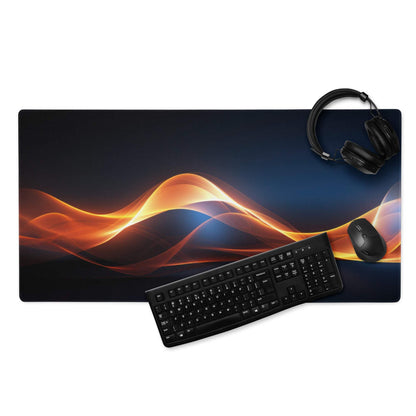 Black gaming mousepad with vibrant orange blue flame wave design