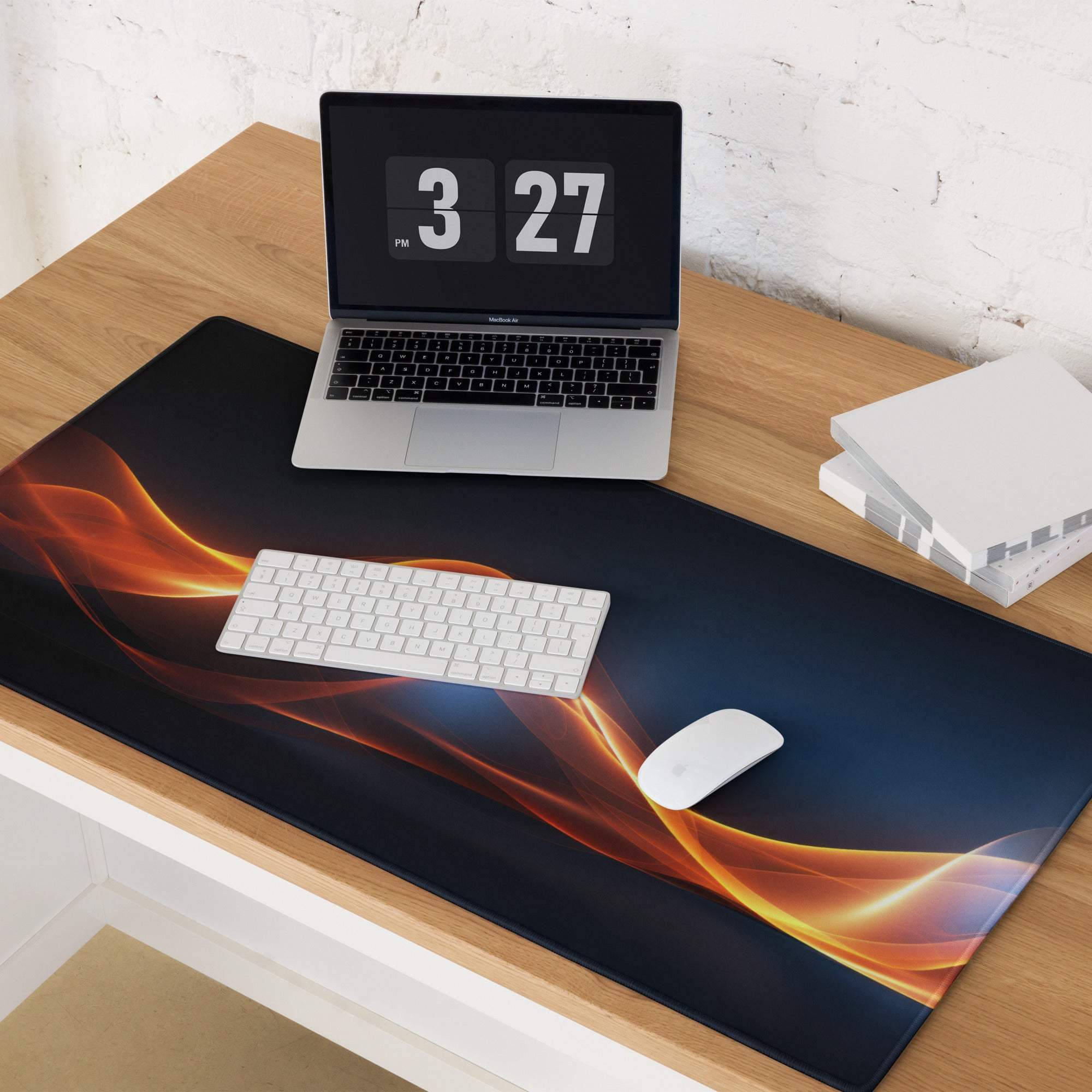 Black flame mousepad on Sleek Neon Wave large gaming pad with non-slip base
