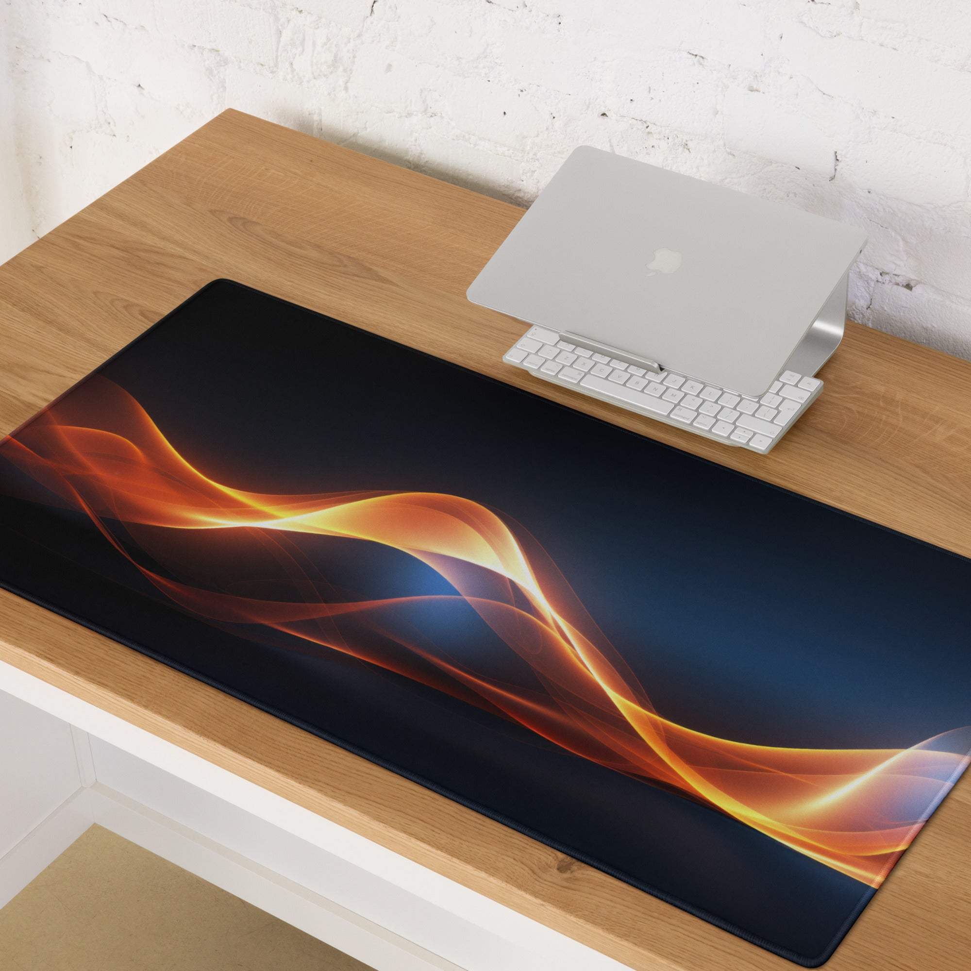 Black gaming mouse pad with vibrant orange blue flame waves, non-slip base