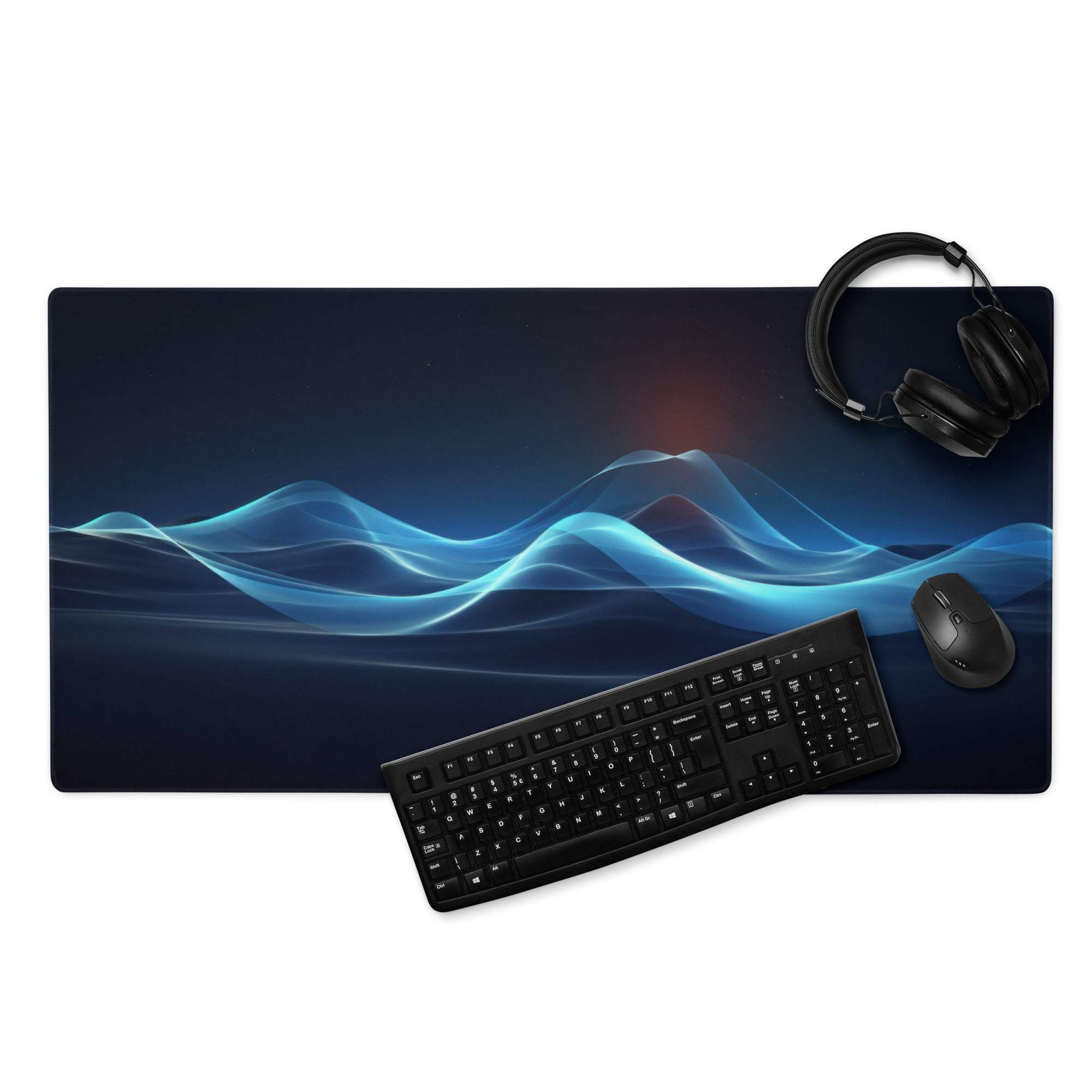 Blue ocean waves gaming mouse pad with black keyboard and headphones