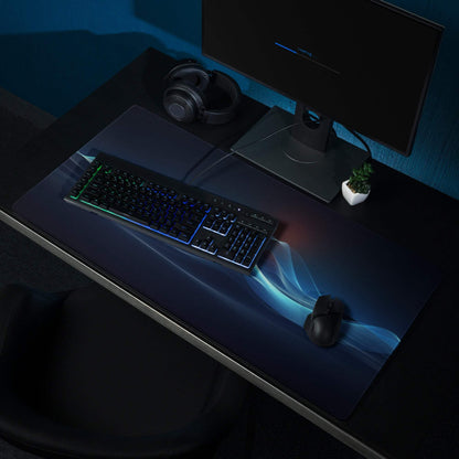Dark blue gaming mousepad with glowing ocean wave lights and texture