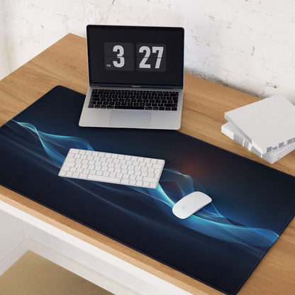 Blue abstract wave-patterned large gaming mouse pad with non-slip base