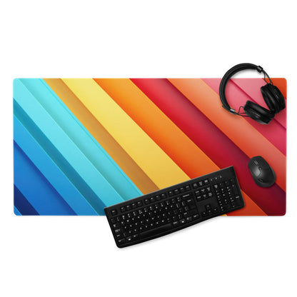 Vibrant rainbow gradient gaming mouse pad with diagonal stripes and non-slip base