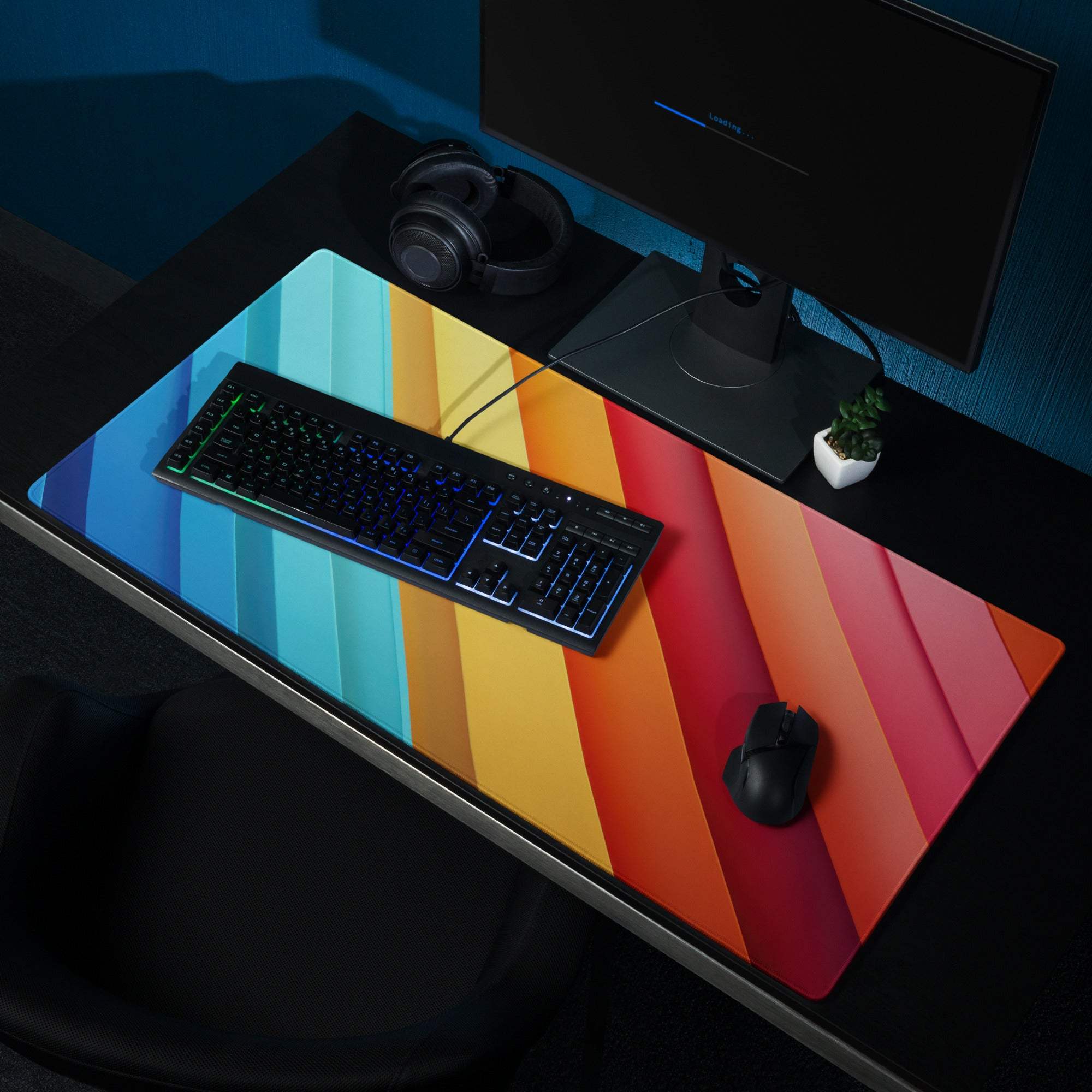 Vibrant rainbow gradient gaming mouse pad with large size, non-slip base, edge stitching