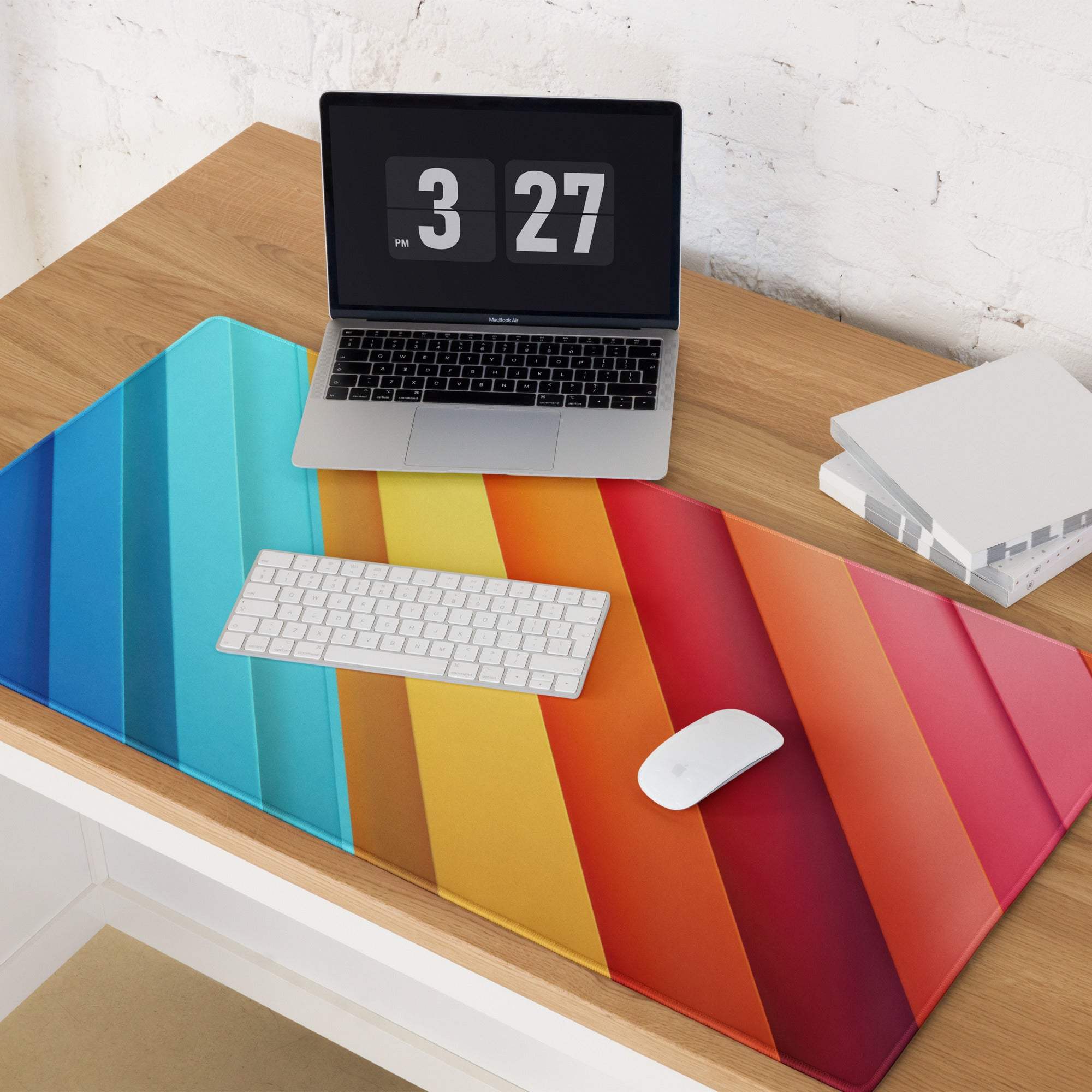 Vibrant rainbow gradient gaming mouse pad with large size, non-slip base, edge stitching