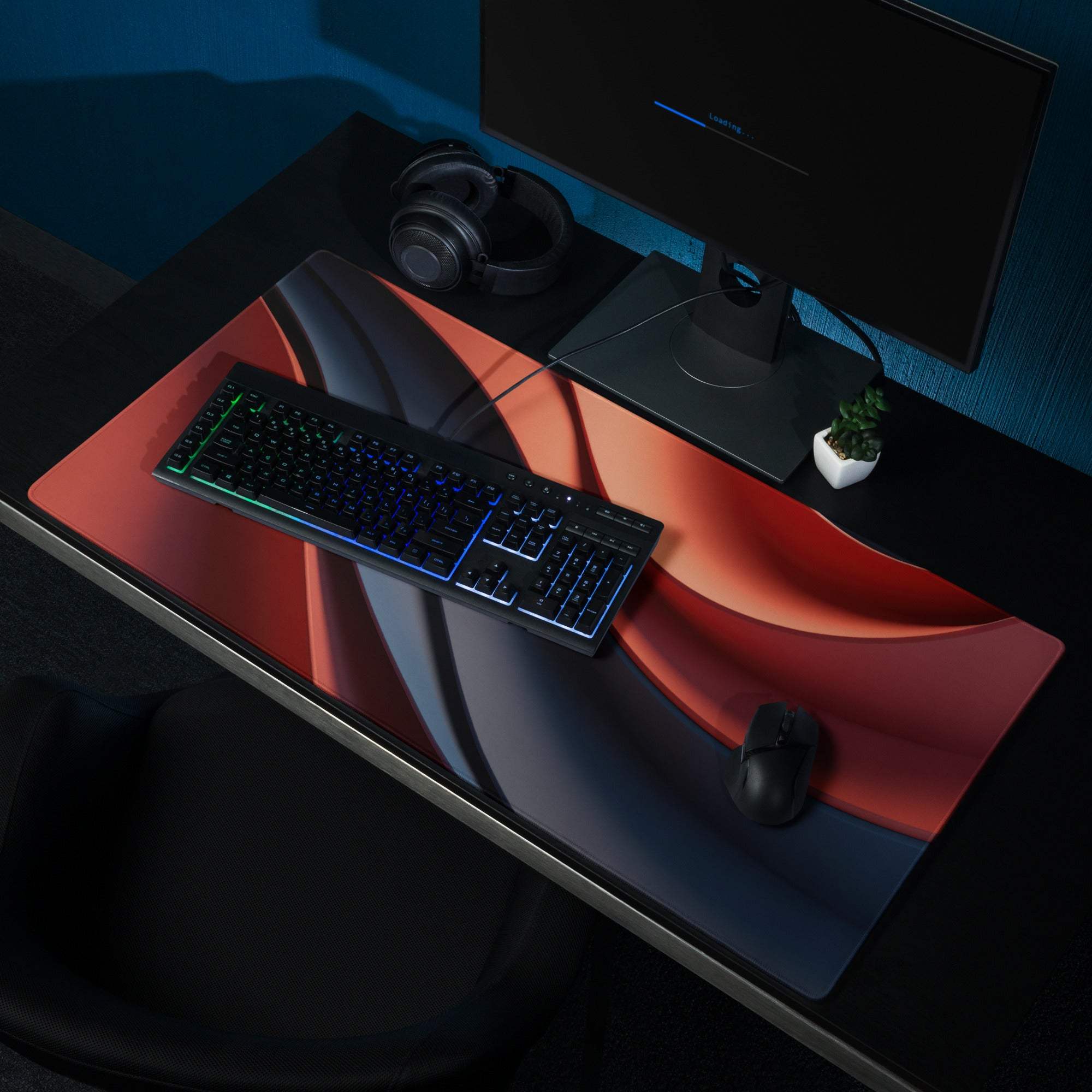 Large bold red and blue wave gaming mouse pad with non-slip base