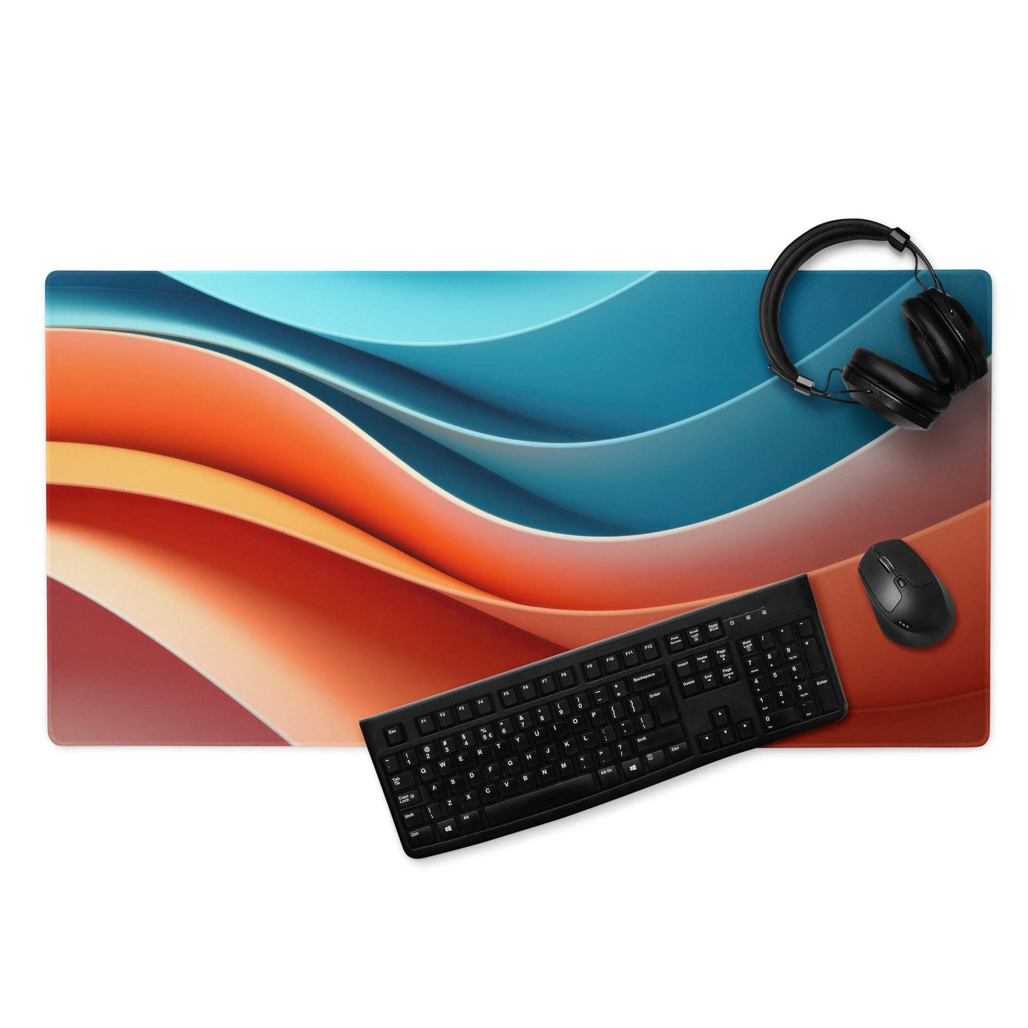 Abstract wave gaming mouse pad with orange coral teal waves