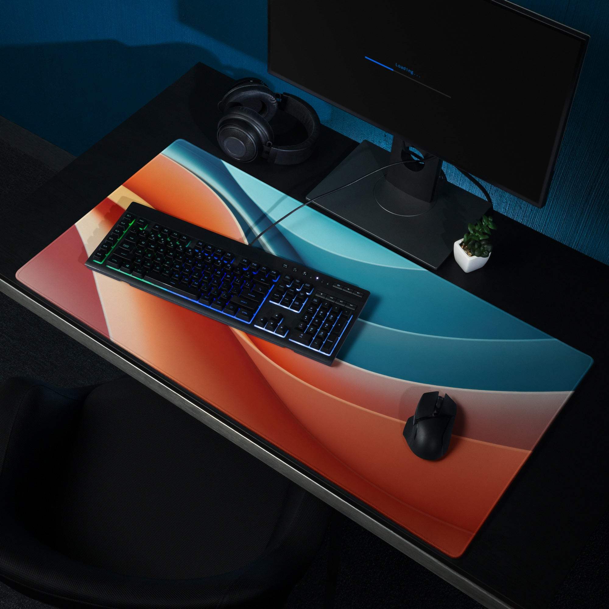 Abstract wave gaming mouse pad with vibrant orange teal waves