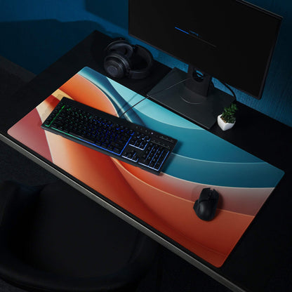 Abstract wave gaming mouse pad with vibrant orange teal waves