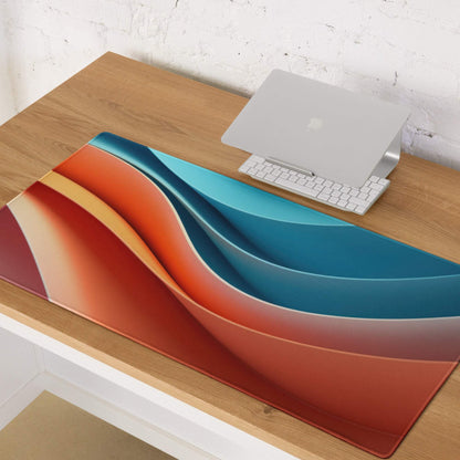 Abstract wave gaming mouse pad with orange, red, teal gradients