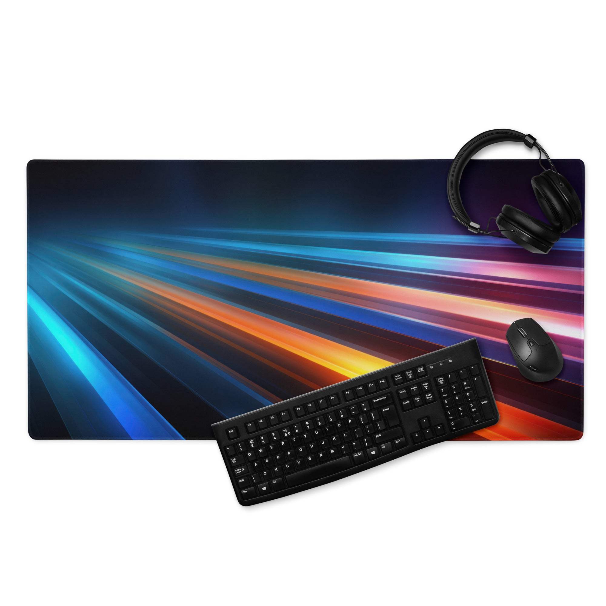 Vibrant neon light trails gaming mouse pad with black keyboard and mouse