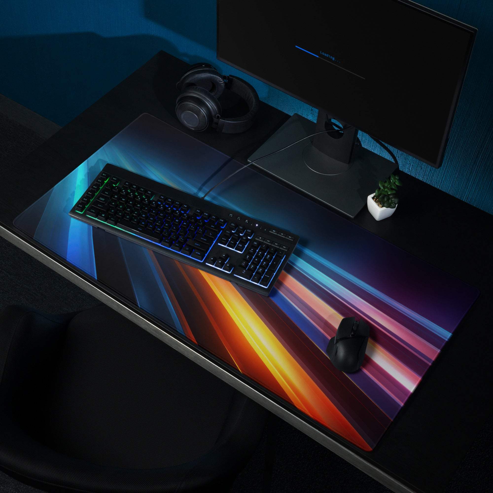 Vibrant neon light trails gaming mouse pad with blue orange purple streaks