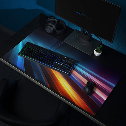 Vibrant neon light trails gaming mouse pad with blue orange purple streaks