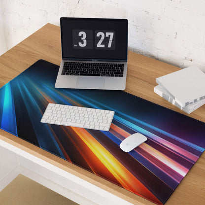 Vibrant neon light trails gaming mouse pad with gradient rays, non-slip base, stitched edges