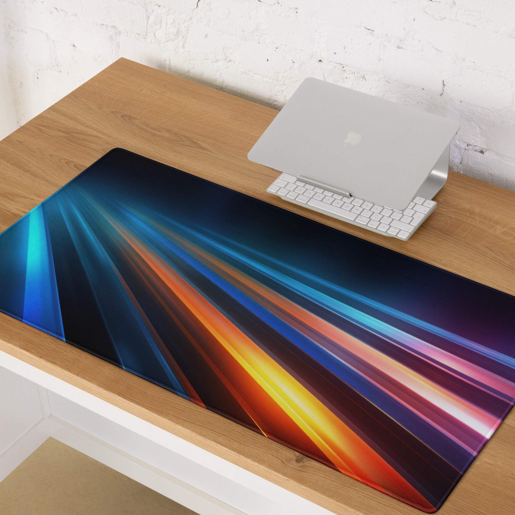 Vibrant neon light trails gaming mouse pad with glossy gradient rays and non-slip base