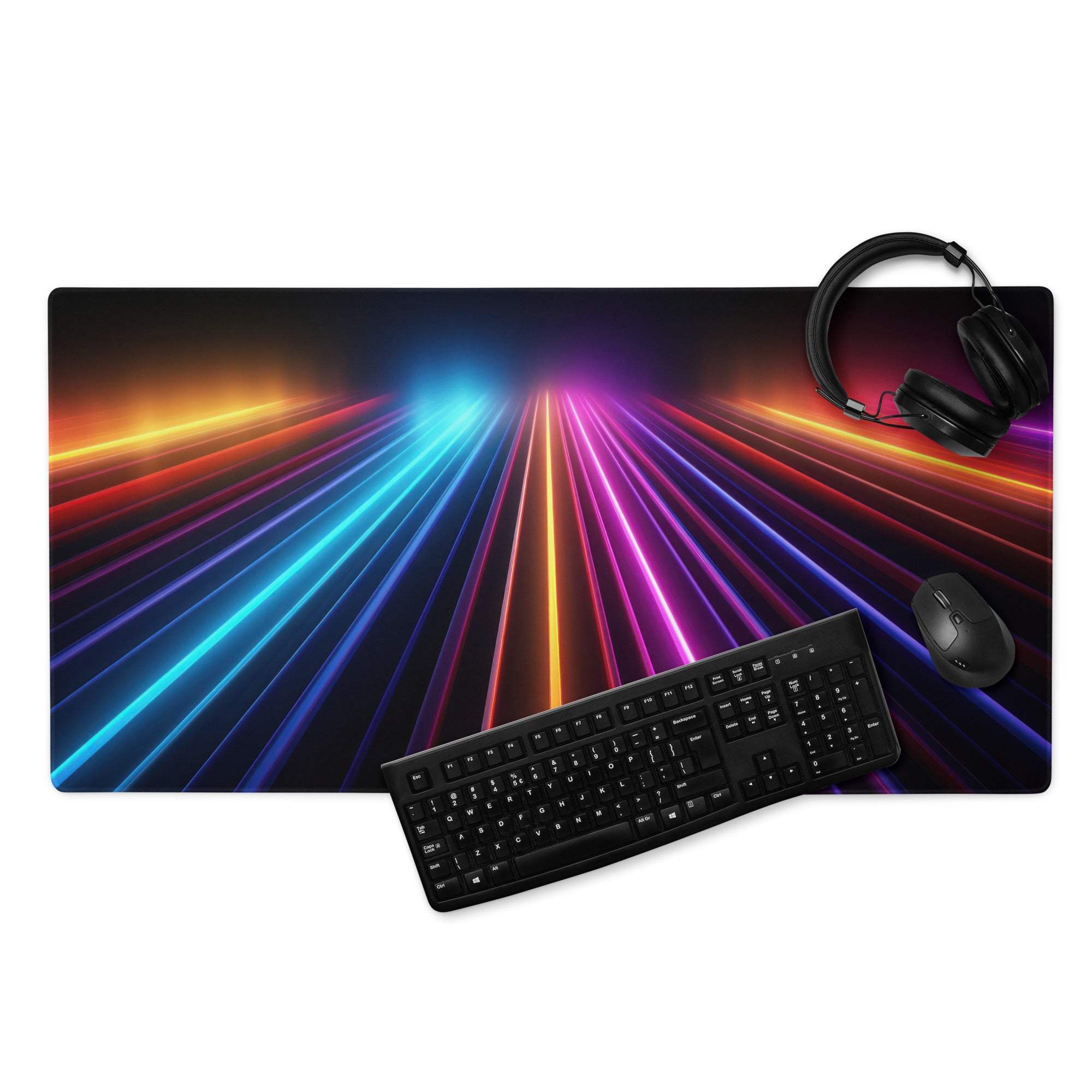 Vibrant neon rainbow lines ultra wide gaming mouse pad with keyboard headphones