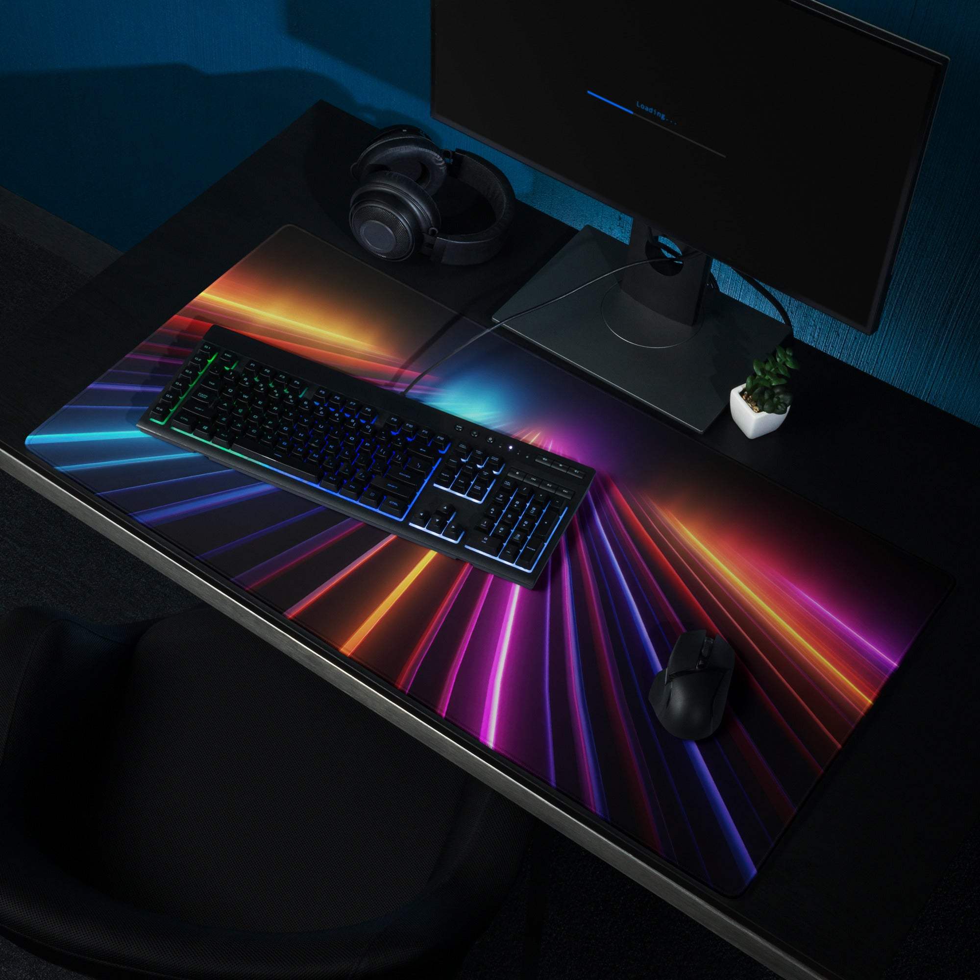 Vibrant neon rainbow lines ultra wide large non-slip gaming mousepad