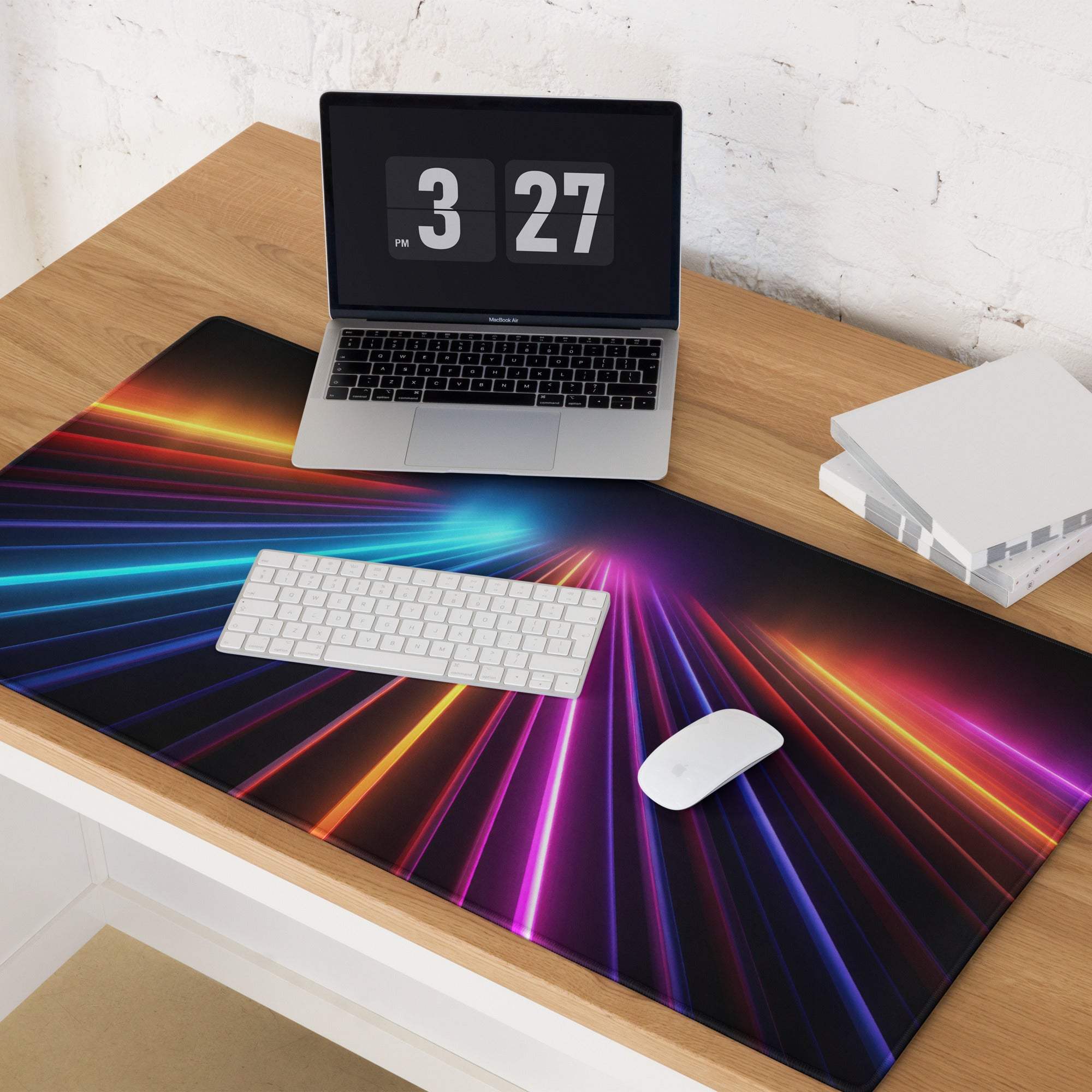 Vibrant neon rainbow lines ultra wide large gaming mouse pad glossy finish