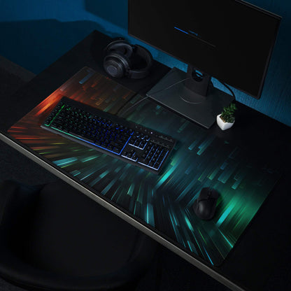 Futuristic Neon Pulse large gaming mouse pad with glowing teal orange geometric RGB pattern