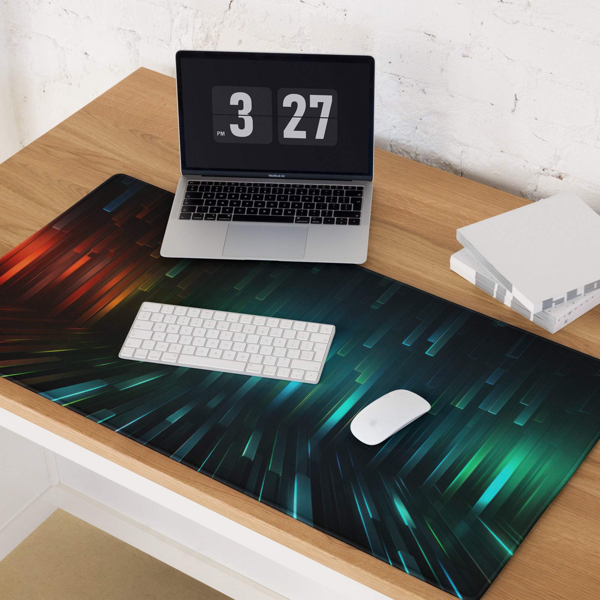 Futuristic Neon Pulse large gaming mouse pad with glowing teal orange streaks