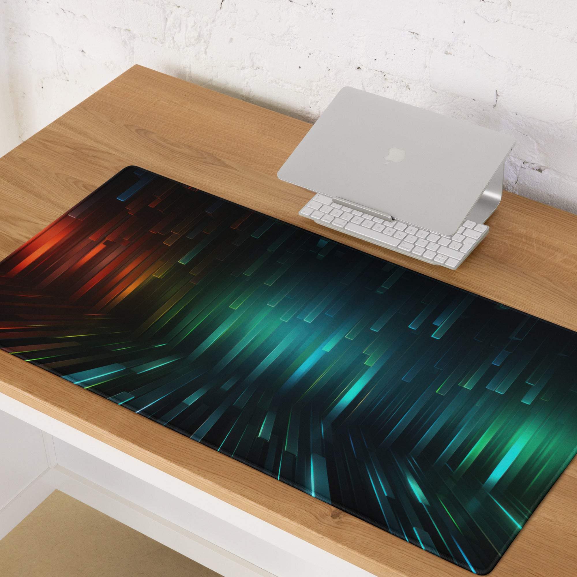 Futuristic Neon Pulse large gaming mouse pad with glowing teal orange streaks
