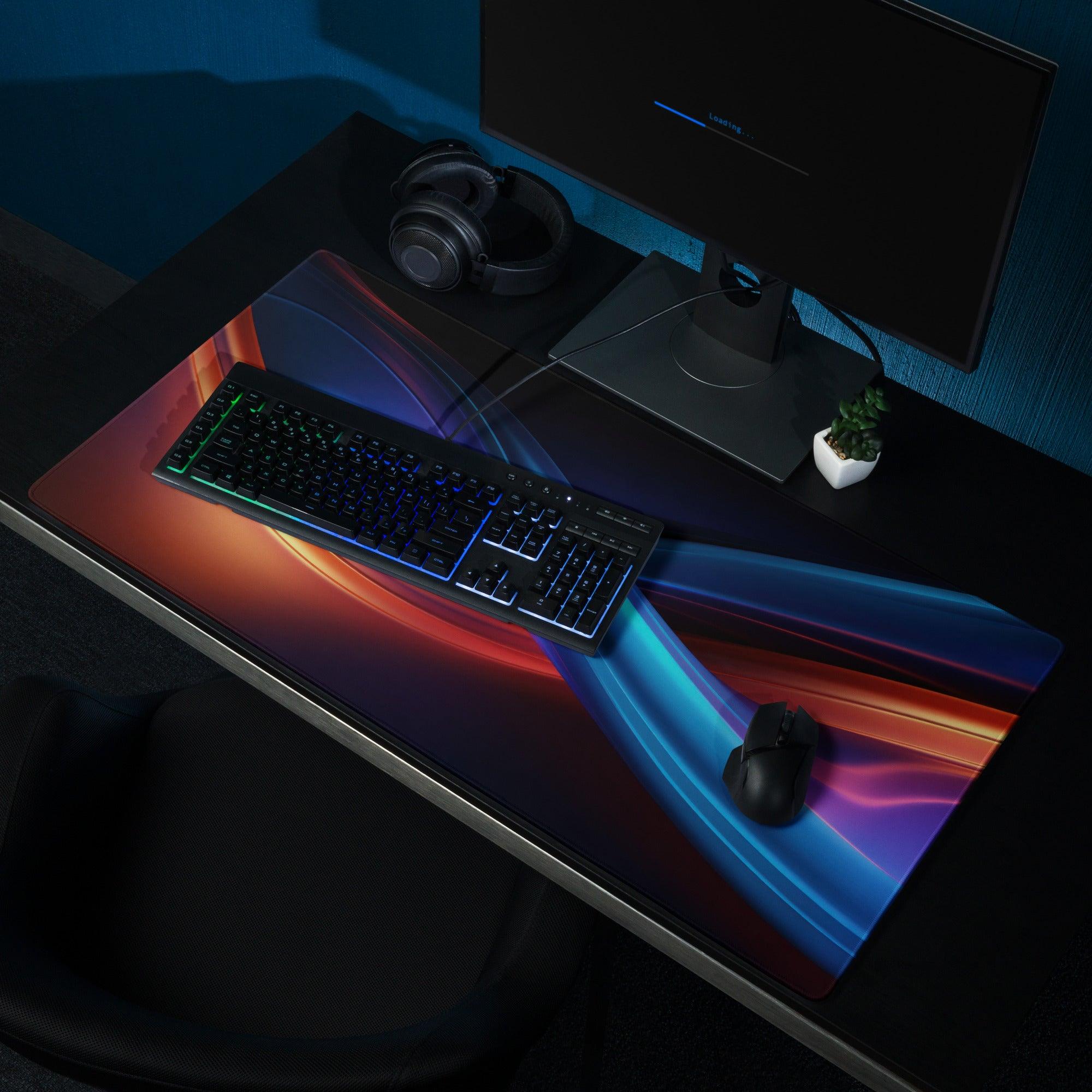 Premium large gaming mouse pad with neon wave design and non-slip base