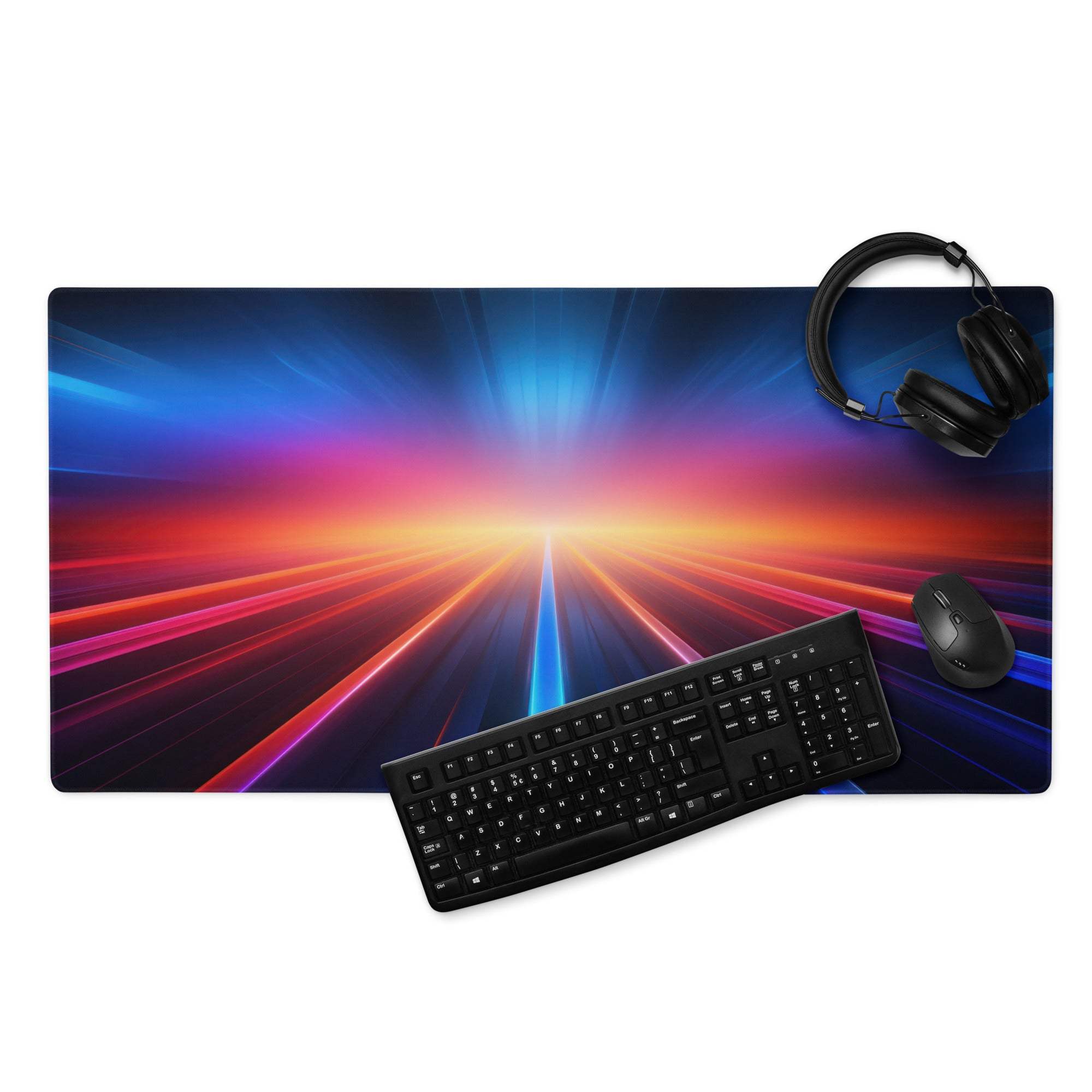Vibrant cosmic ray gaming mousepad with neon streaks, premium stitching, non-slip base