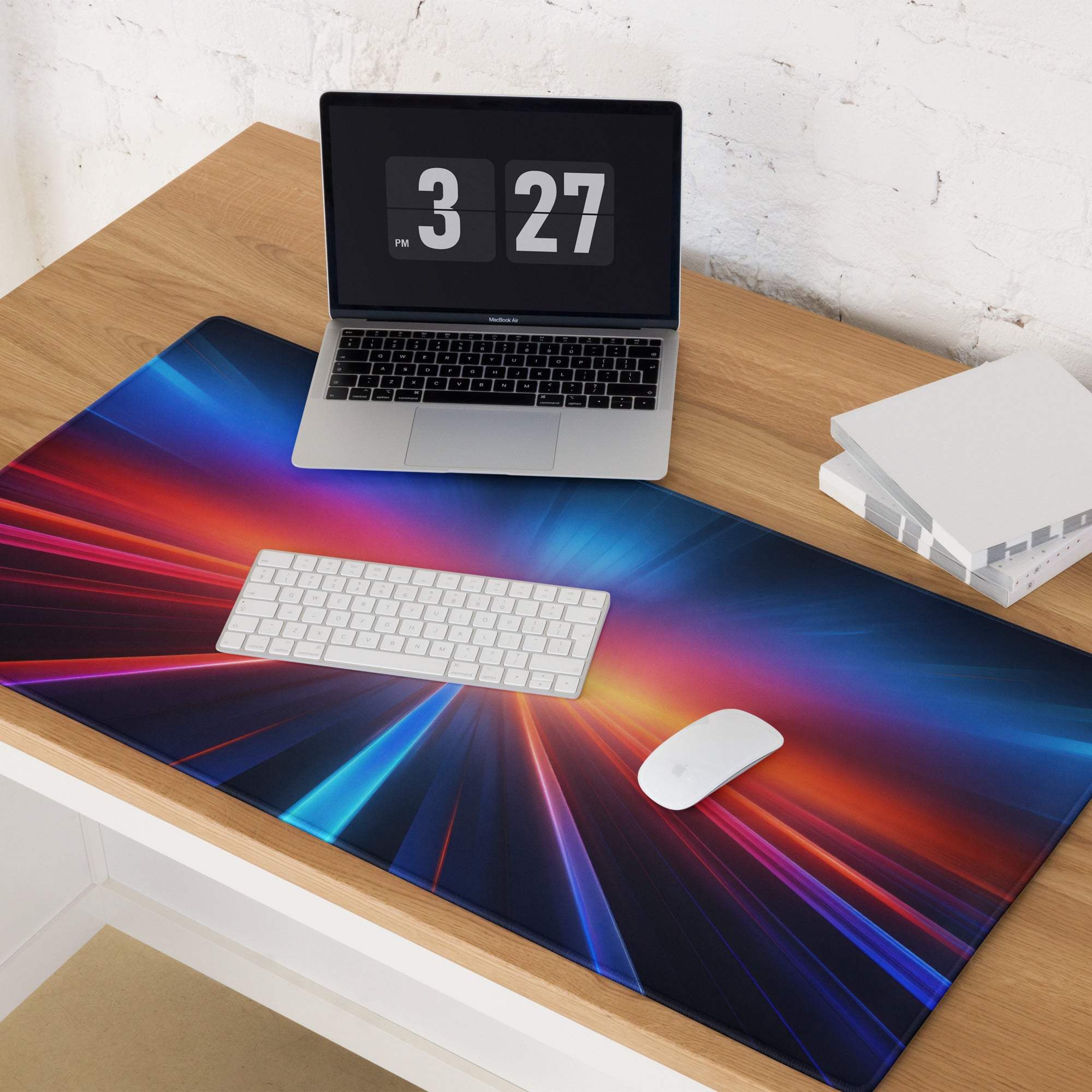 Vibrant cosmic ray Futuristic Neon Horizon gaming mouse pad with premium stitching