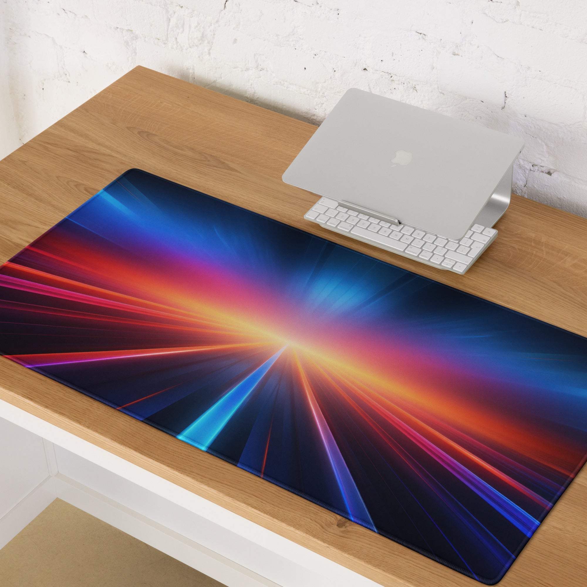 Vibrant cosmic ray gaming mouse pad with neon streaks, premium stitching, non-slip base