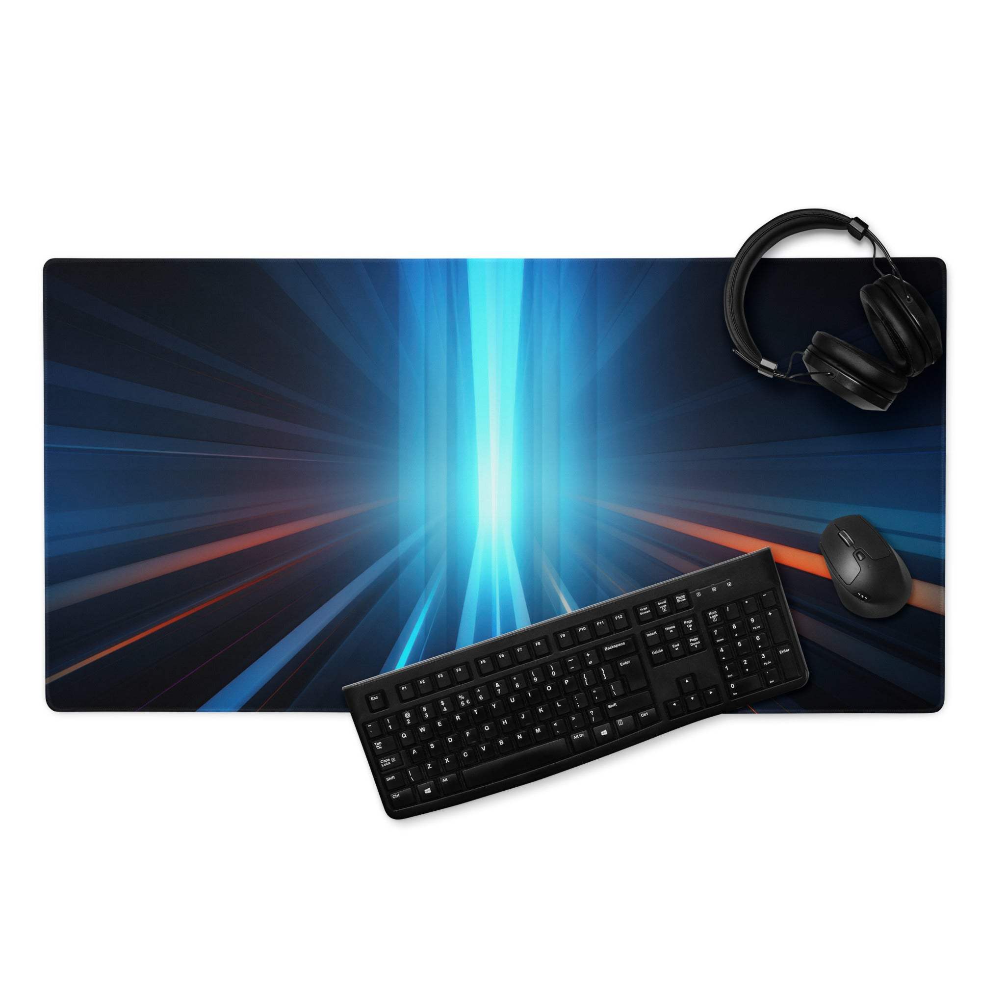 Black gaming mousepad with blue orange light beam design