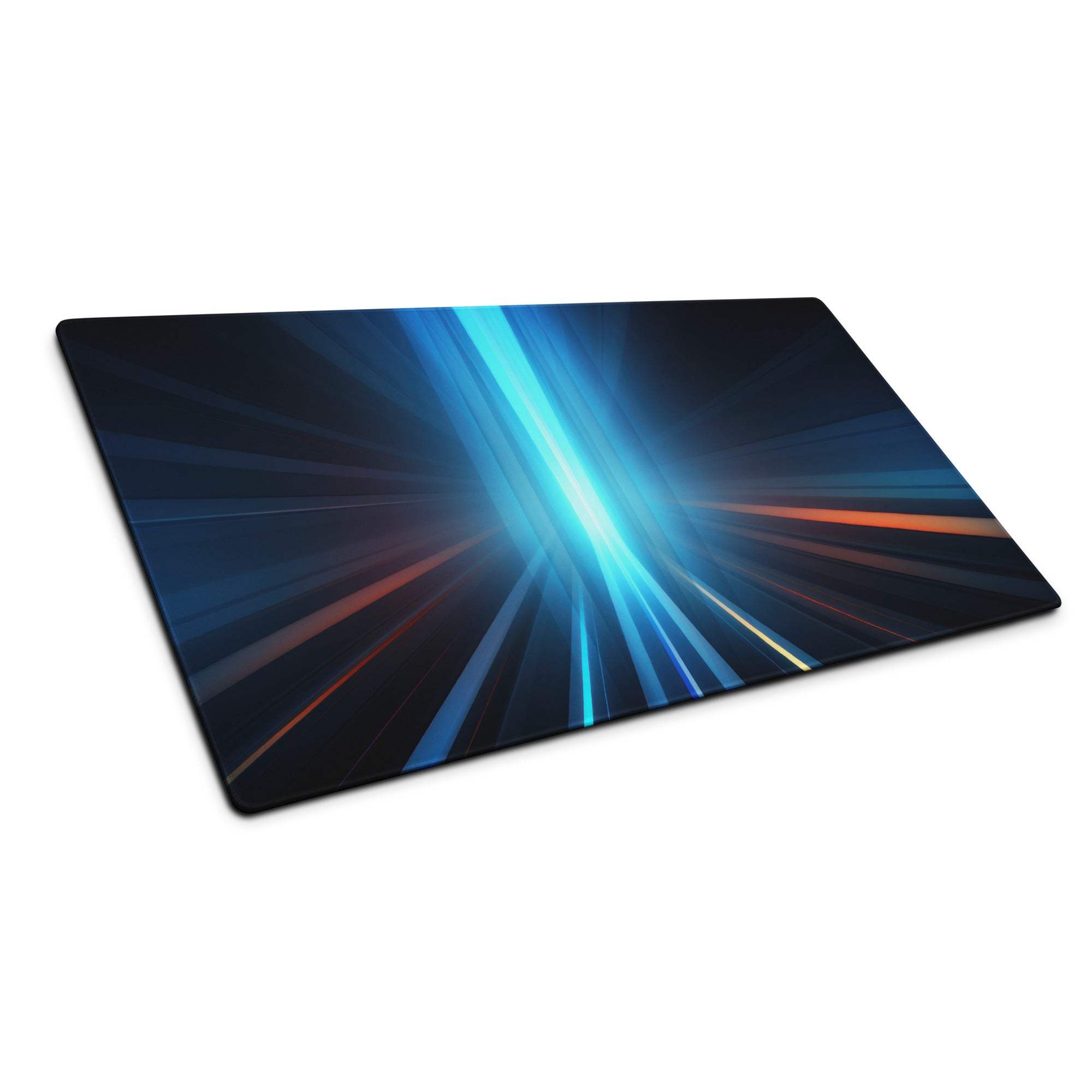 Futuristic blue neon gaming mouse pad with orange light streaks and non-slip base