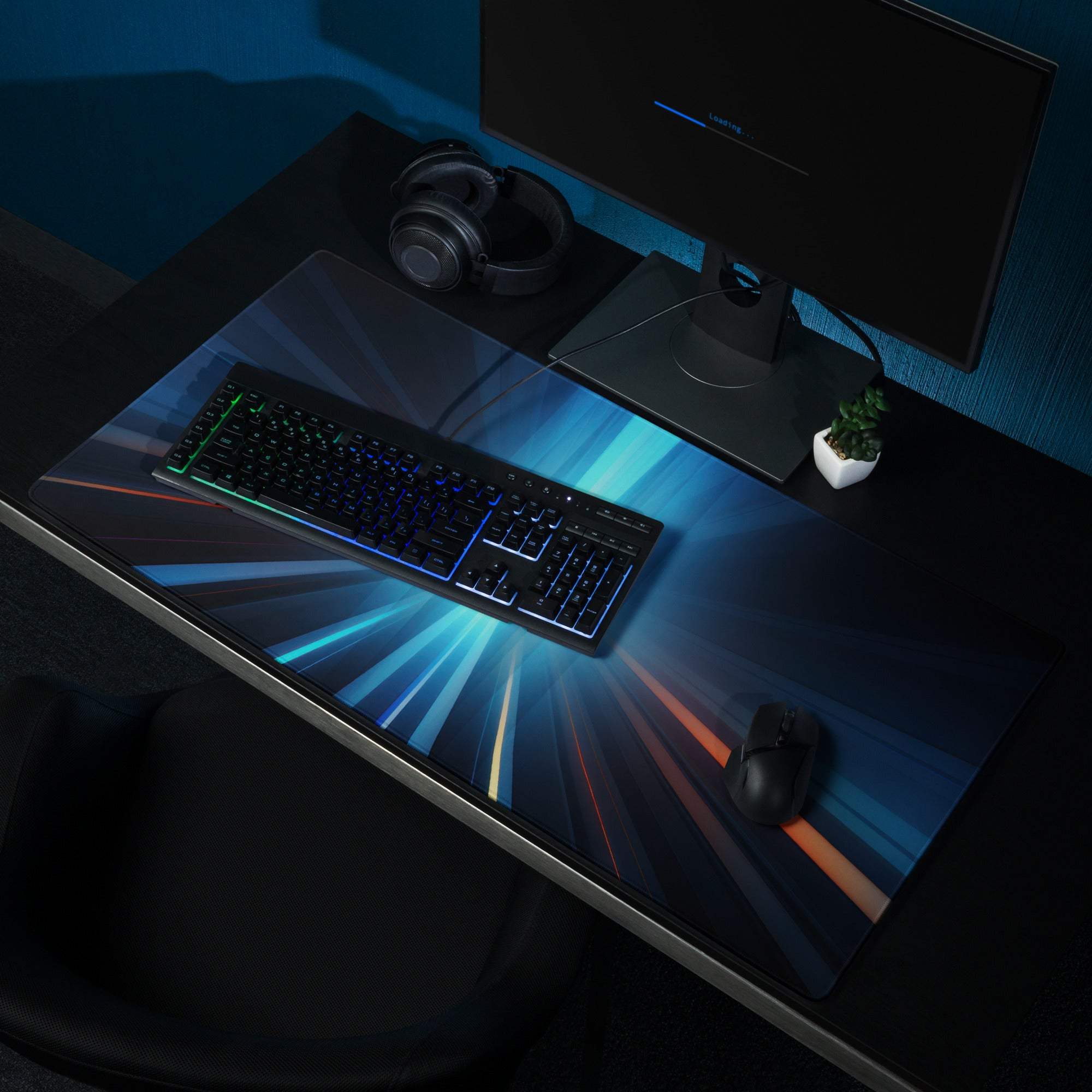 Blue black radiant ray futuristic gaming mousepad with non-slip base