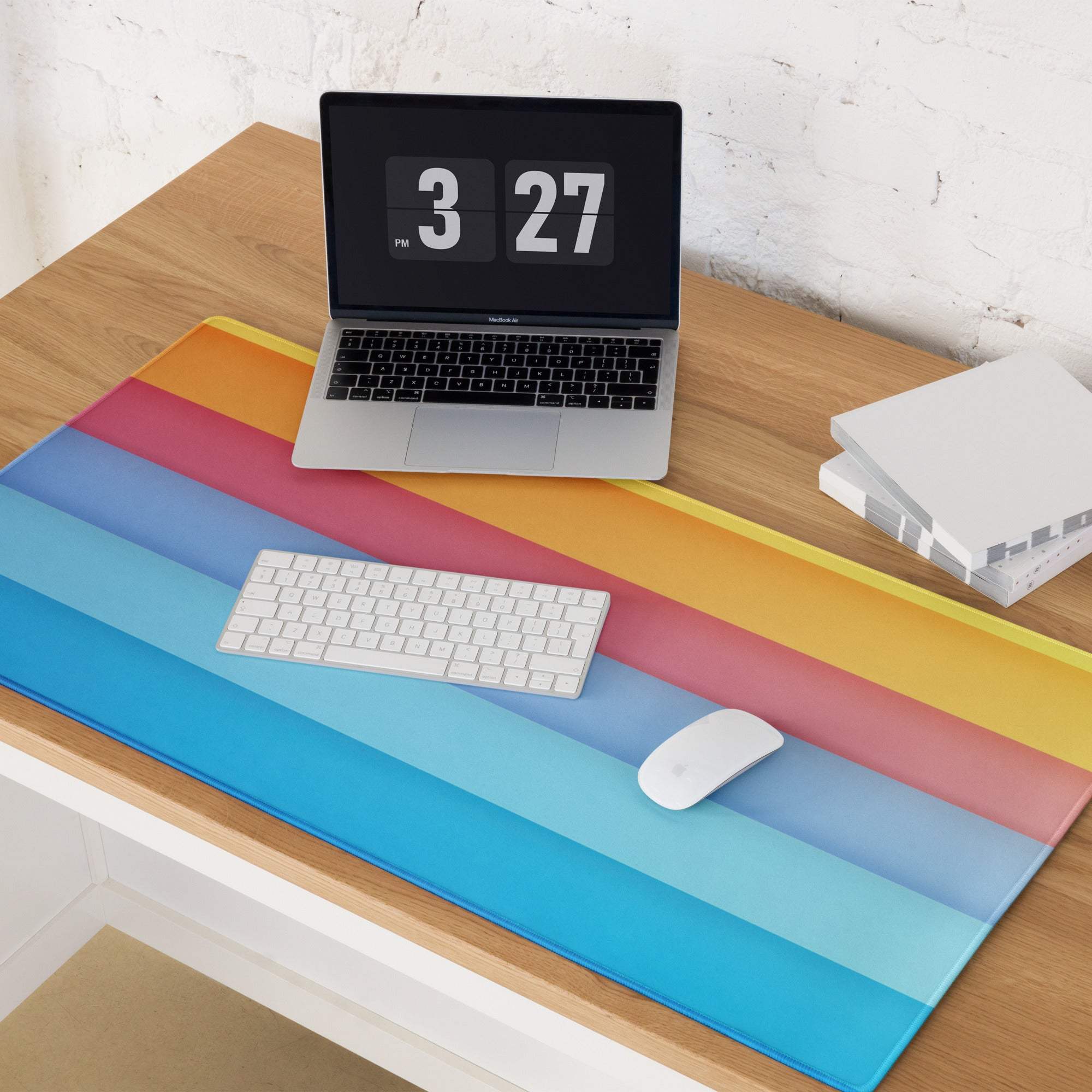 Large rainbow gradient gaming mouse pad with glossy stripes and non-slip base
