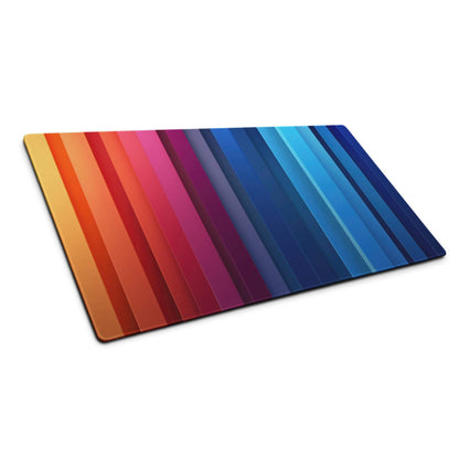 Vibrant rainbow gradient gaming mousepad with diagonal stripes and non-slip base